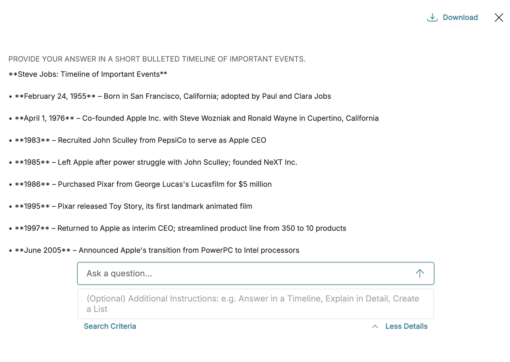 Timeline of significant events in Steve Jobs' life and career milestones.